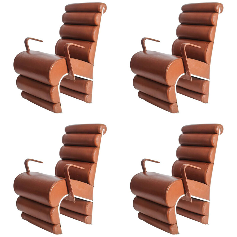 Set of 4 steel and brown leather armchairs - 1990s