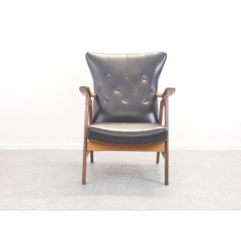 Chaise longue vintage sellerie en cuir noir 1950