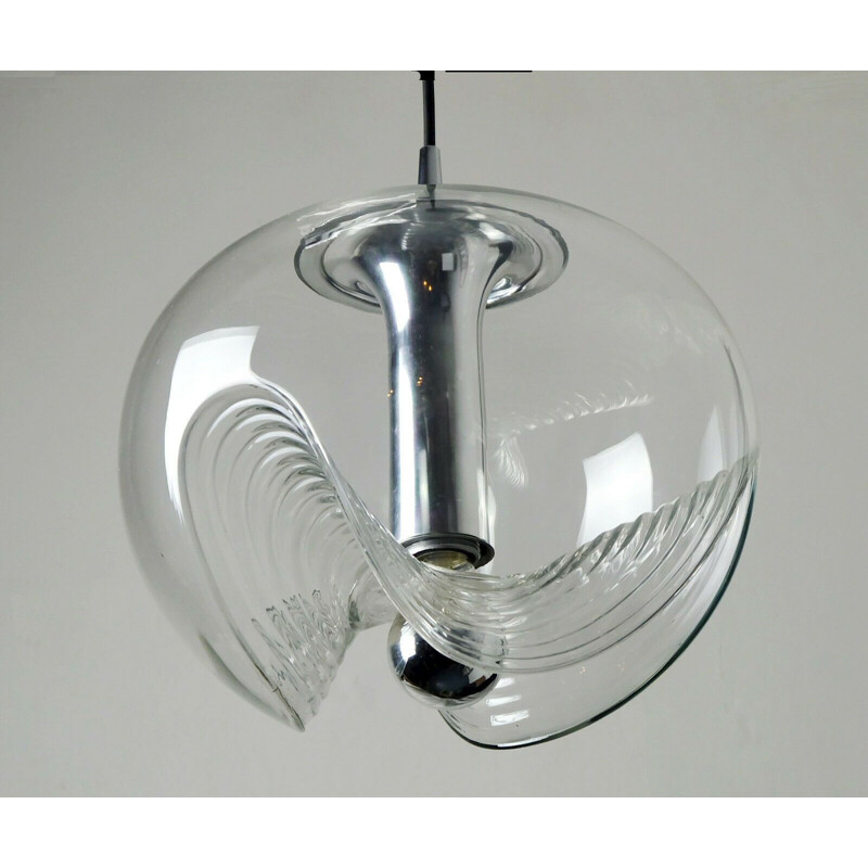 Vintage elegant peill & putzler pendant lamp "wave" clear glass chrome 1960