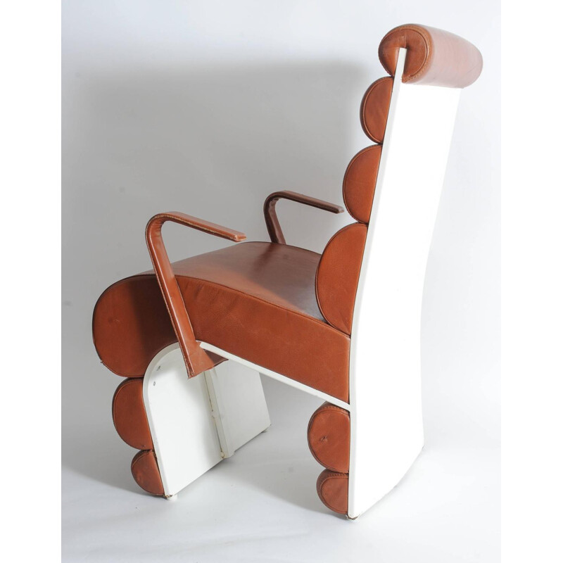 Ensemble de 4 fauteuils en acier et cuir marron - 1990