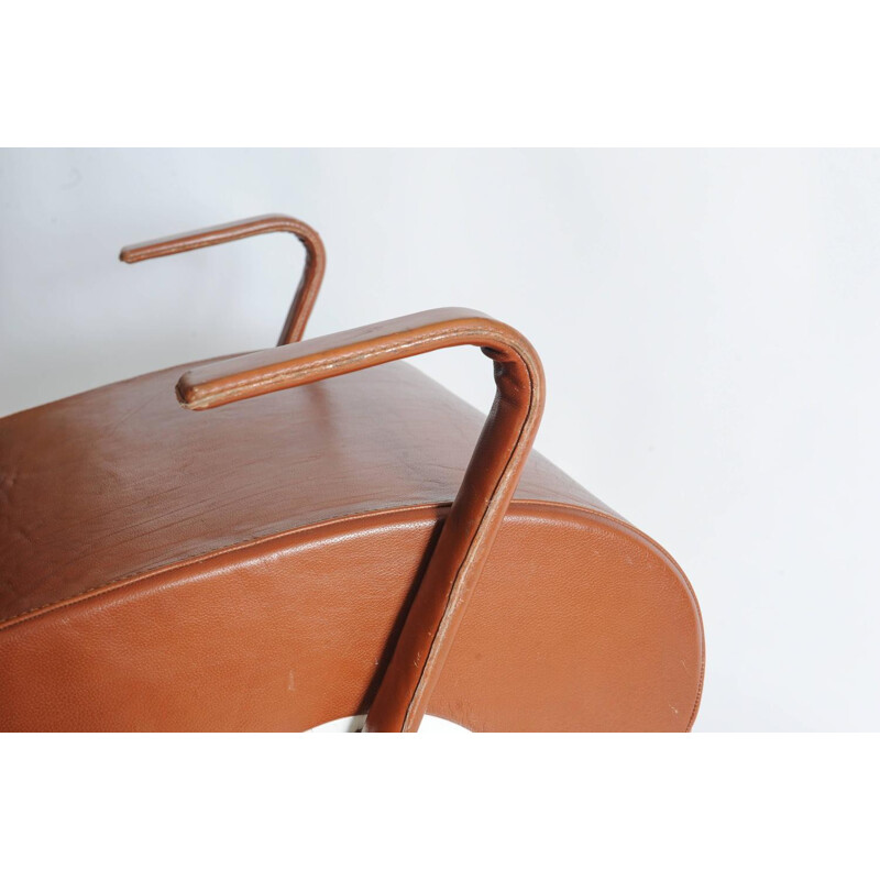Ensemble de 4 fauteuils en acier et cuir marron - 1990