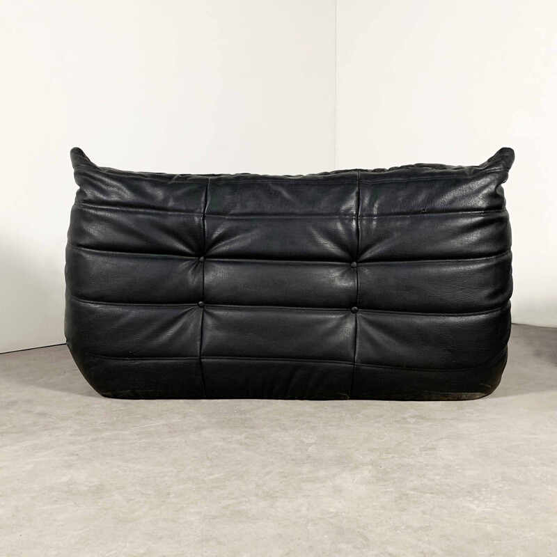 Vintage Modular 4-pieces black leather Togo sofa by Michel Ducaroy for Ligne Roset, 1990s