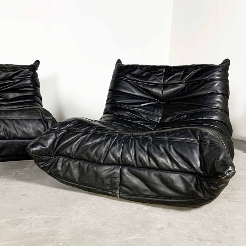 Vintage Modular 4-pieces black leather Togo sofa by Michel Ducaroy for Ligne Roset, 1990s