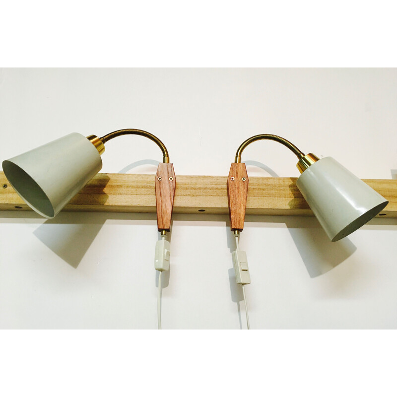 Set of 2 vintage modular wall lights in teak and metal, 1950