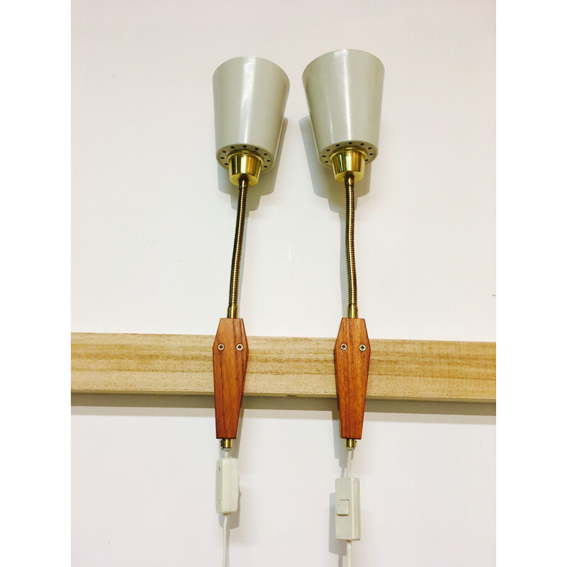 Set of 2 vintage modular wall lights in teak and metal, 1950