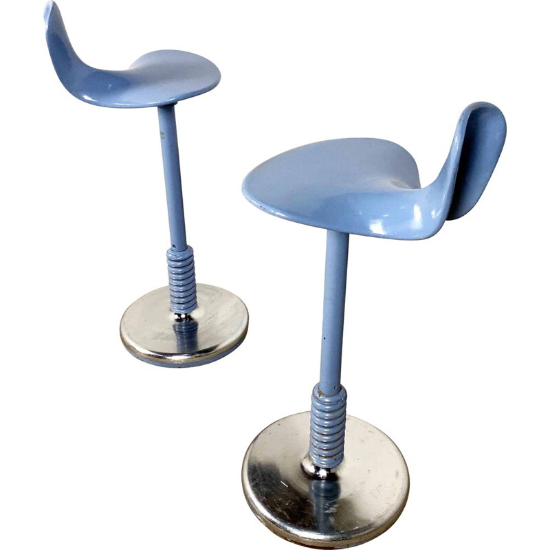 Pair of of 2 adjustable blue metal stool, 1950s