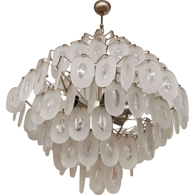 Vintage Large Chandelier in Structured Glass, italy  1960