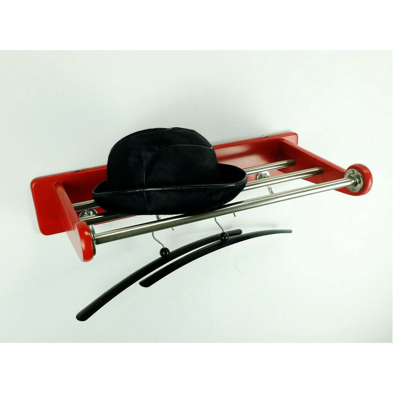 Vintage art déco coat rack with hat rack red lacquered beech wood and aluminum 1930