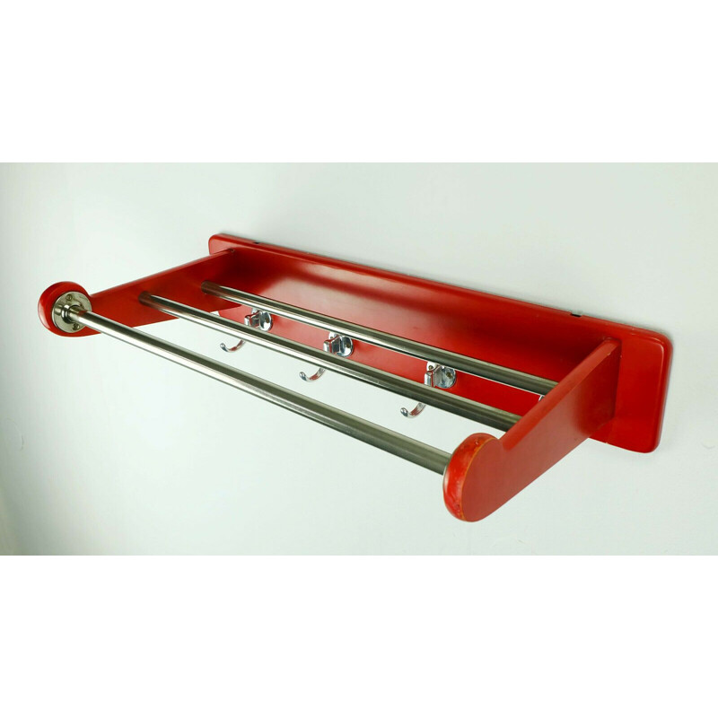 Vintage art déco coat rack with hat rack red lacquered beech wood and aluminum 1930