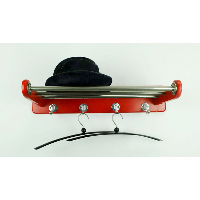 Vintage art déco coat rack with hat rack red lacquered beech wood and aluminum 1930