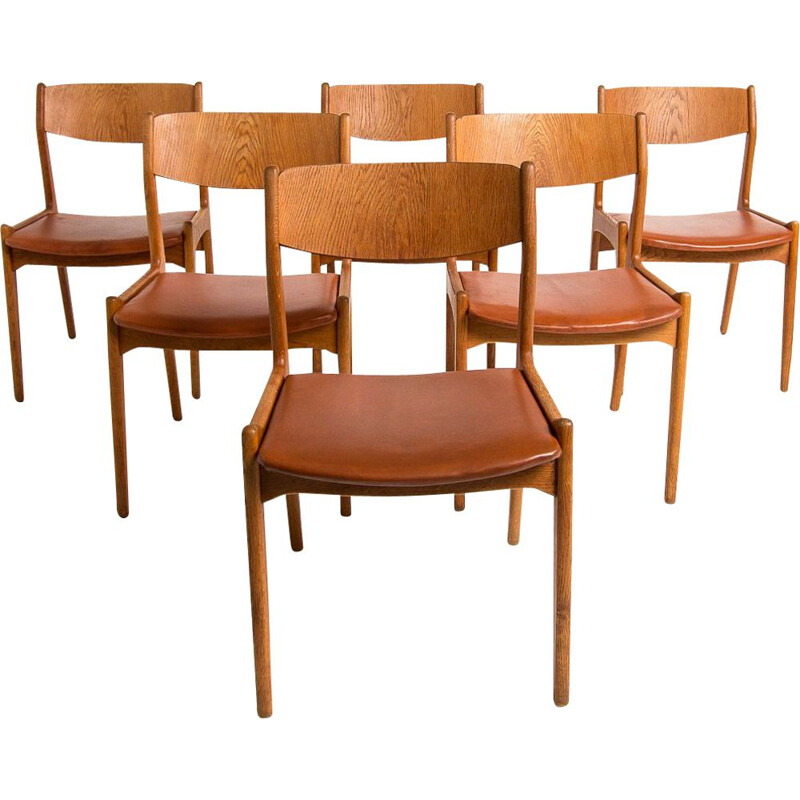 Ensemble de 6 chaises à repas vintage en chêne et cuir, Danemark, 1950