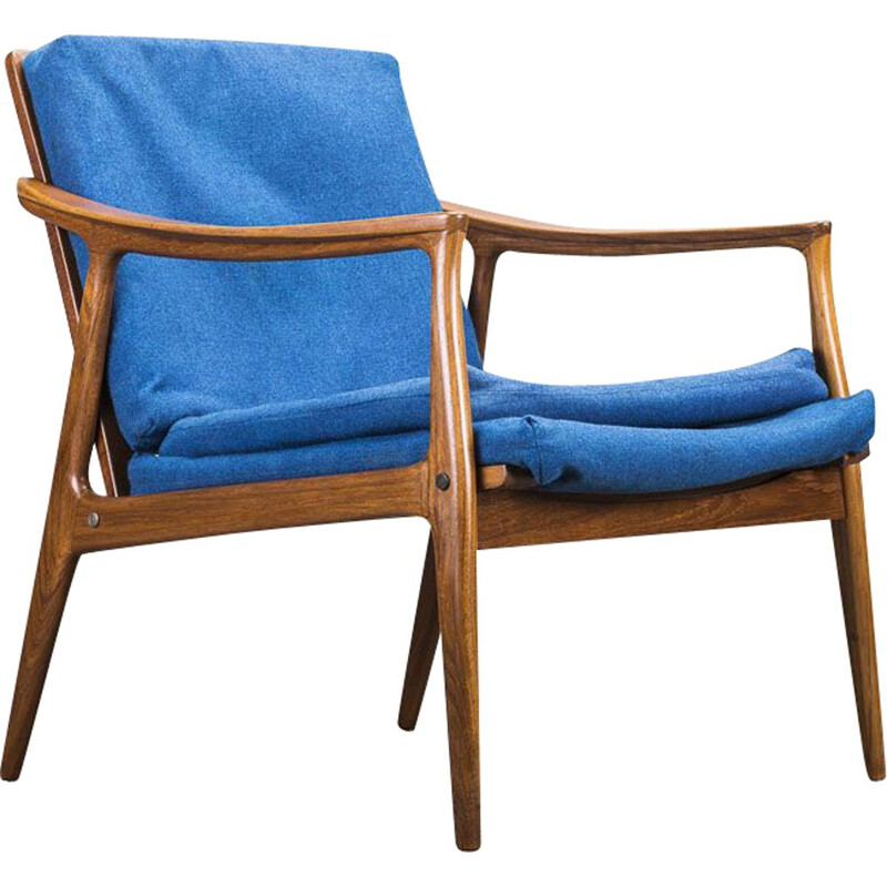 Vintage teak and blue fabric armchair, 1960s