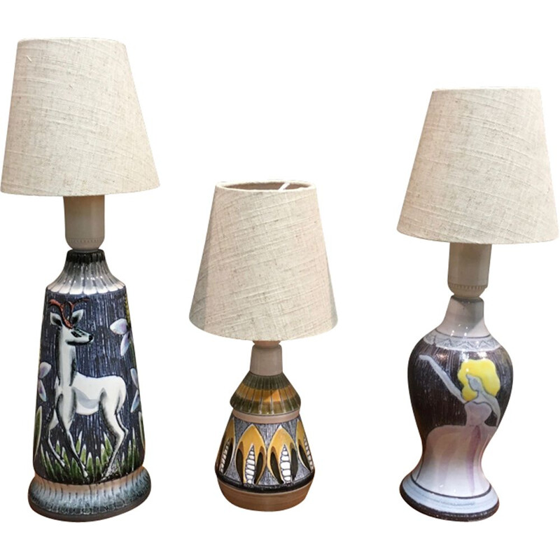 Set of 3 vintage Scandinavian ceramic lamps 1960
