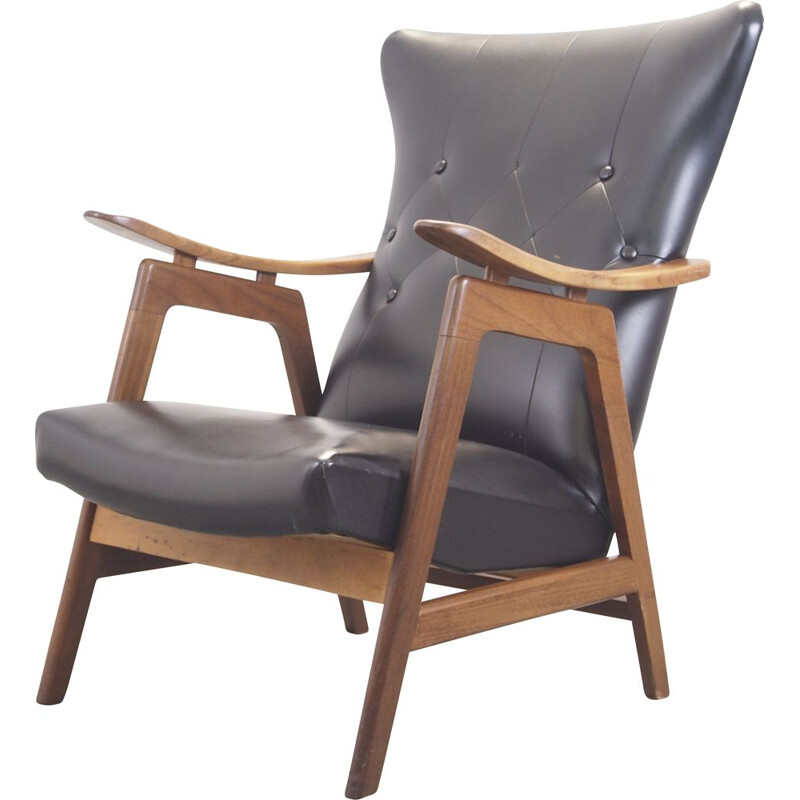 Vintage teak and black padded lounge chair 1950