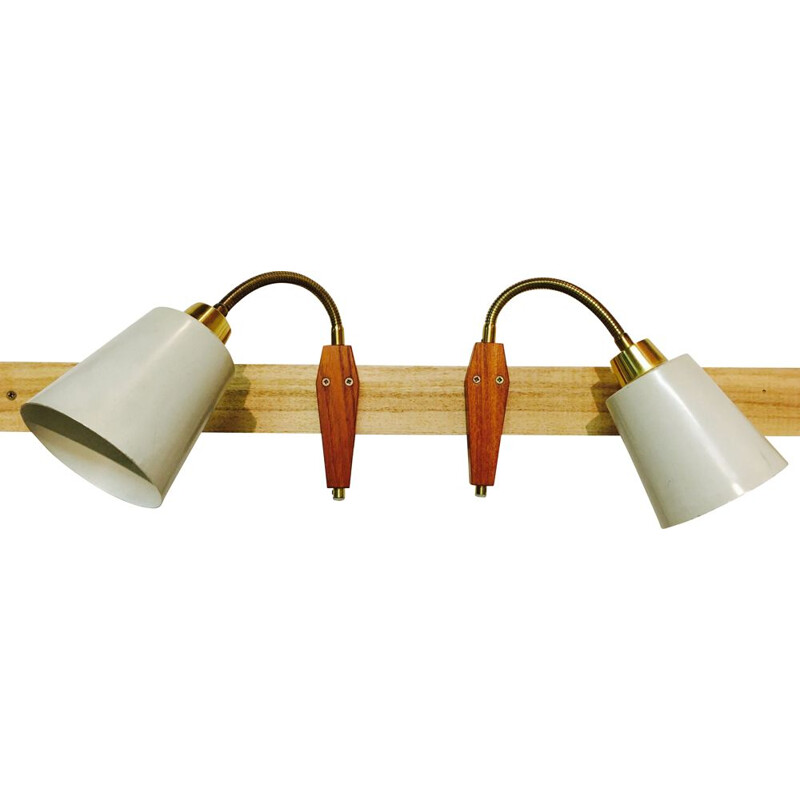 Set of 2 vintage modular wall lights in teak and metal, 1950