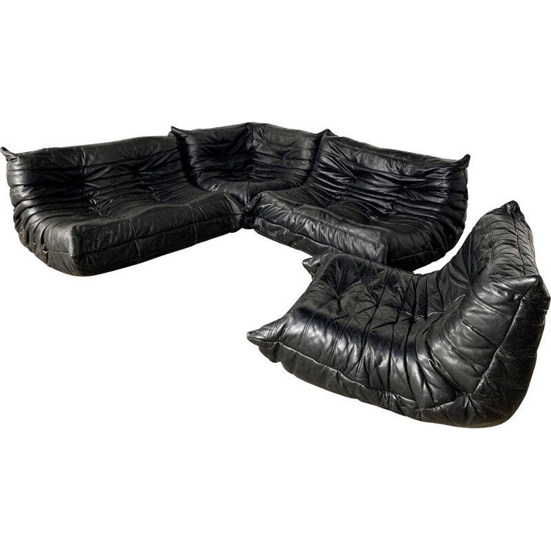 Vintage Modular 4-pieces black leather Togo sofa by Michel Ducaroy for Ligne Roset, 1990s