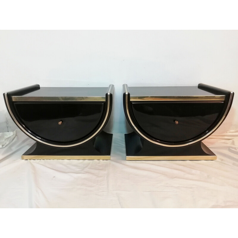 Vintage pair of bedside tables with gold metallic trim