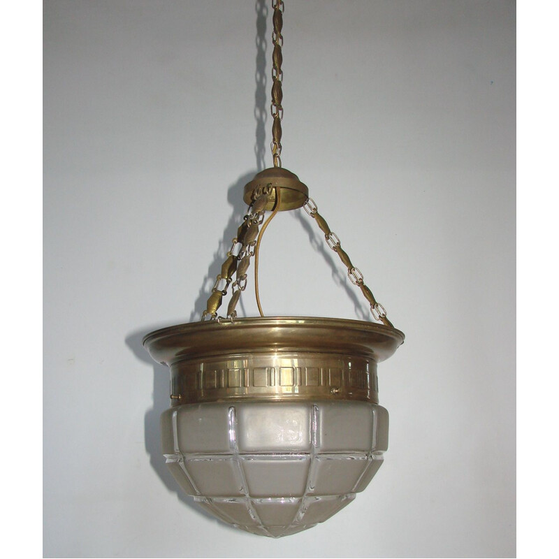 Vintage brass and glass pendant lamp, 1900-1910