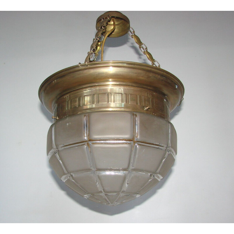 Vintage brass and glass pendant lamp, 1900-1910