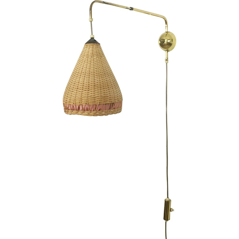 Vintage extendable wall light in metal and wicker - 1950s