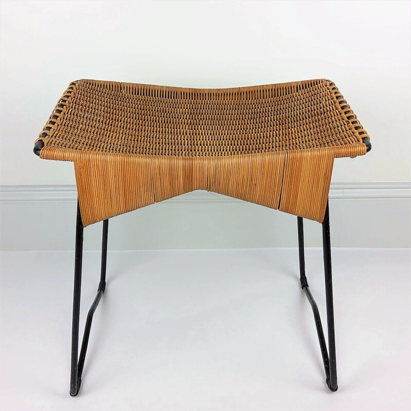 Tabouret vintage rotin et métal 1950