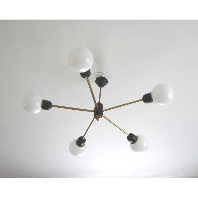 Vintage modernist chandelier in brass, metal and glass, 1960s