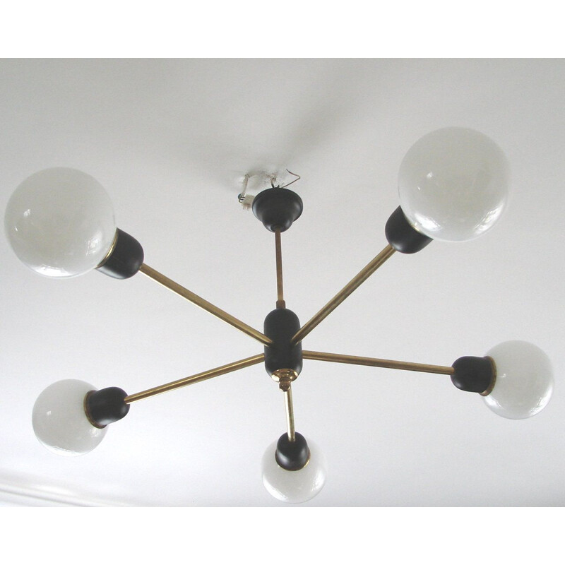 Vintage modernist chandelier in brass, metal and glass, 1960s