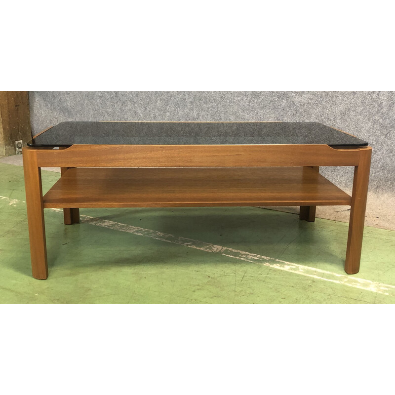 Vintage teak coffee table with glass tray 1970 