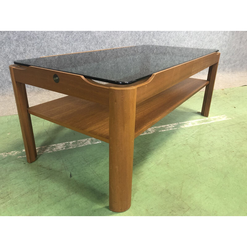 Vintage teak coffee table with glass tray 1970 