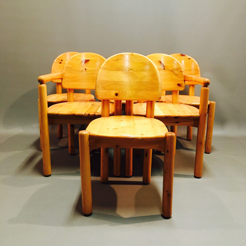 Set of 4 chairs and 2 solid pine armchairs by Rainer Daumiller 1970