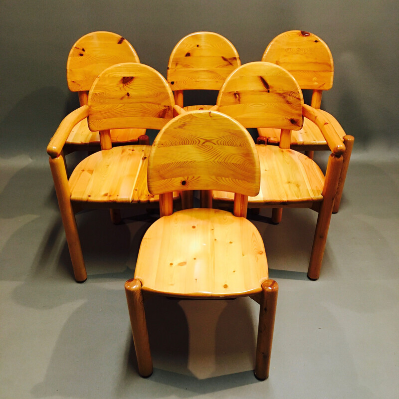 Ensemble de 4 chaises et 2 fauteuils en pin massif par Rainer Daumiller 1970