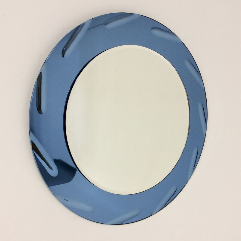 Vintage round cobalt blue round mirror by Cristal Arte, 1960