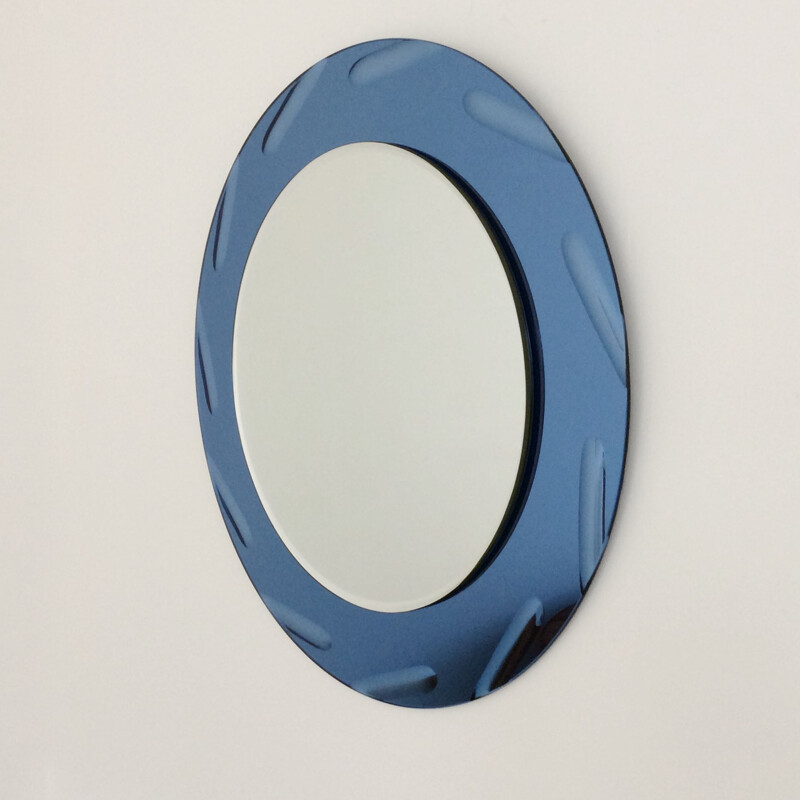 Vintage round cobalt blue round mirror by Cristal Arte, 1960