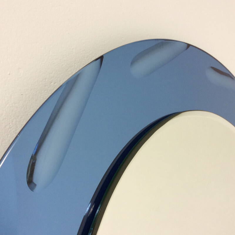 Vintage round cobalt blue round mirror by Cristal Arte, 1960