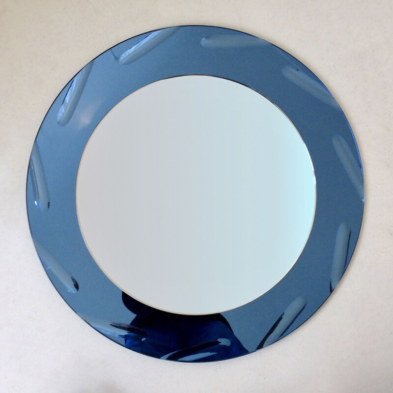 Vintage round cobalt blue round mirror by Cristal Arte, 1960