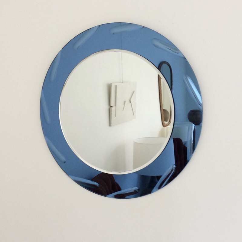 Vintage round cobalt blue round mirror by Cristal Arte, 1960