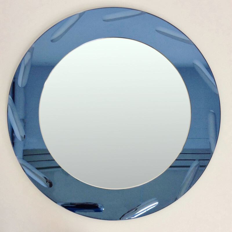 Vintage round cobalt blue round mirror by Cristal Arte, 1960