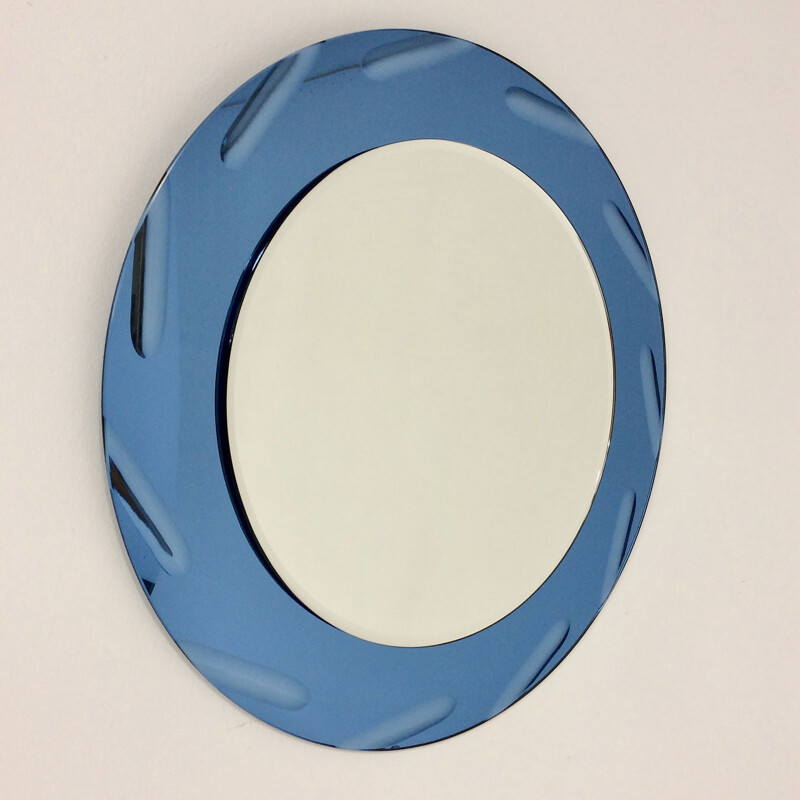 Vintage round cobalt blue round mirror by Cristal Arte, 1960