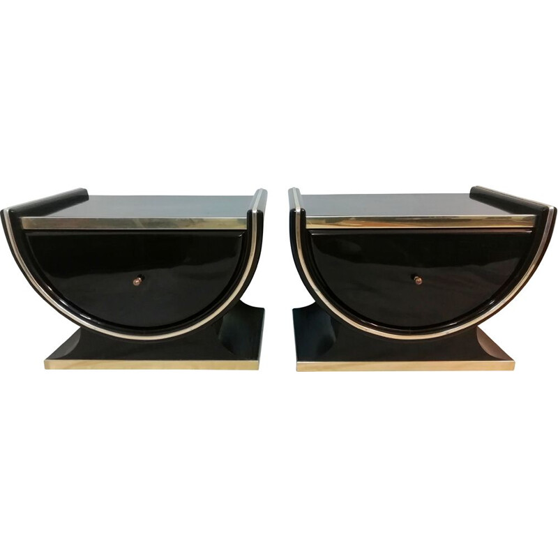 Vintage pair of bedside tables with gold metallic trim