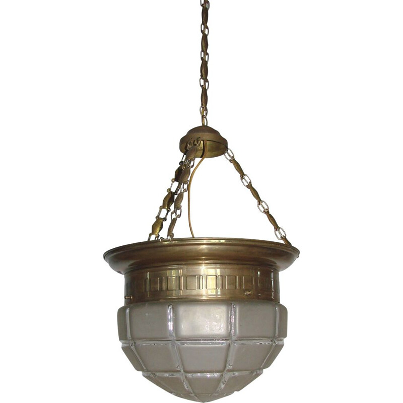 Vintage brass and glass pendant lamp, 1900-1910
