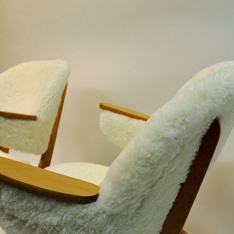 Midcentury pair of Easy chairs in White Sheepskin - Solliden møbler Norway 1950s