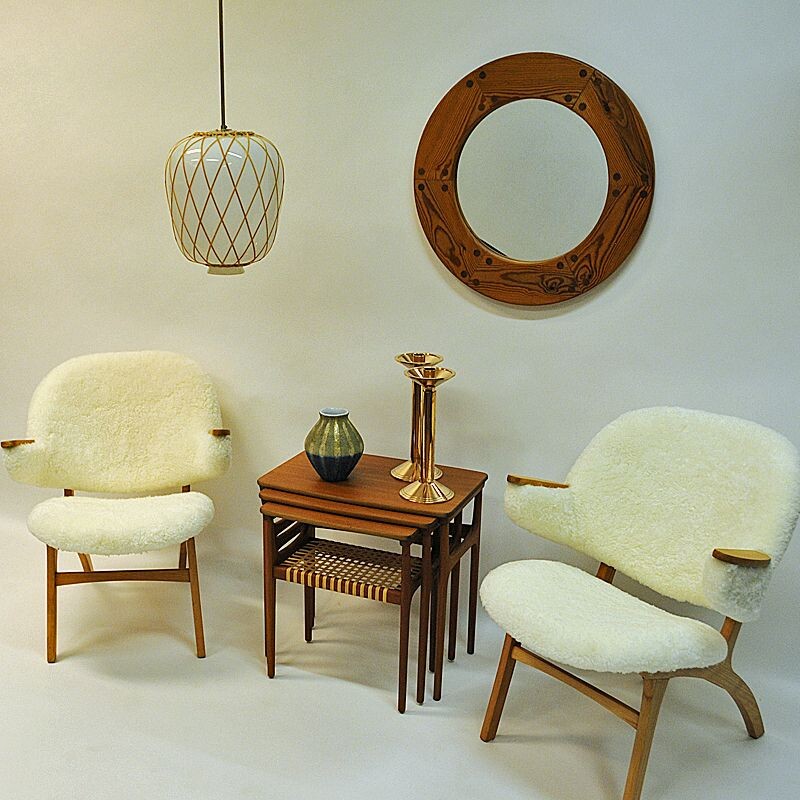 Midcentury pair of Easy chairs in White Sheepskin - Solliden møbler Norway 1950s