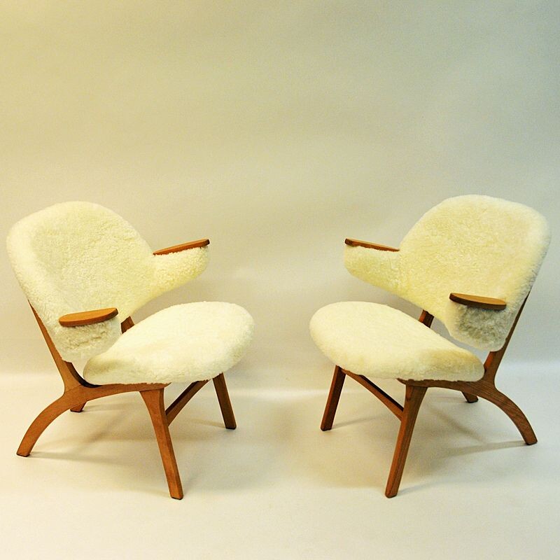 Midcentury pair of Easy chairs in White Sheepskin - Solliden møbler Norway 1950s