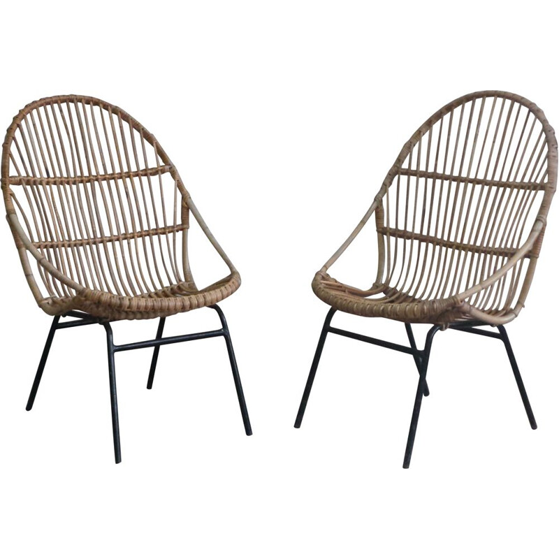 Pair of vintage rattan armchairs by Alan Fuchs for Uluv, 1960