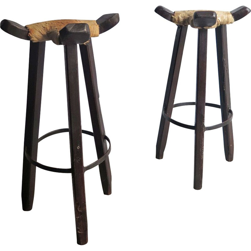 Set of 3 vintage high stools in cow leather and wood 1930s
