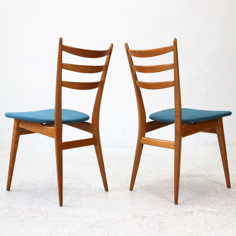 Pair of ’50s Beechwood Dining Chairs, Reupholstered