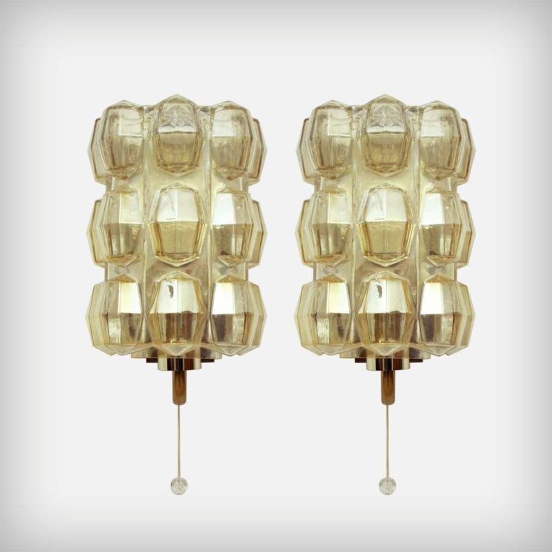 Pair of german brass and glass vintage wall lamps by Helena TYNELL for Glashütte Limburg, 1960s