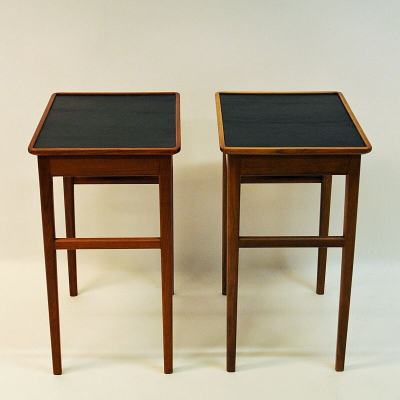 Pair of Birch side tables with leather tops by Bodafors, Sweden 1950s