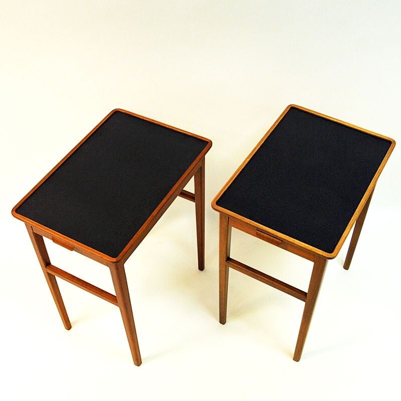 Pair of Birch side tables with leather tops by Bodafors, Sweden 1950s