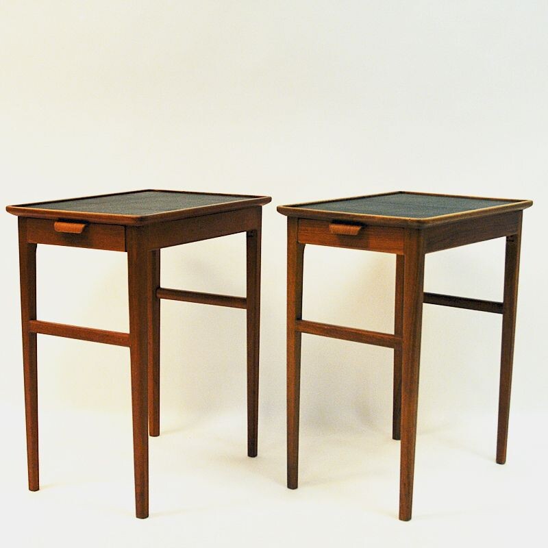 Pair of Birch side tables with leather tops by Bodafors, Sweden 1950s